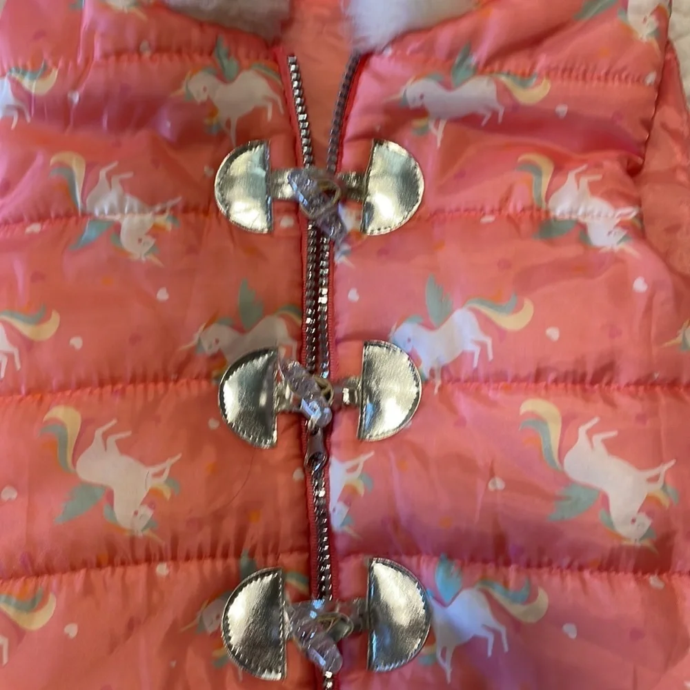 LITTLE LASS unicorn hooded puffer vest toddler girls faux fur trim zipped 3T